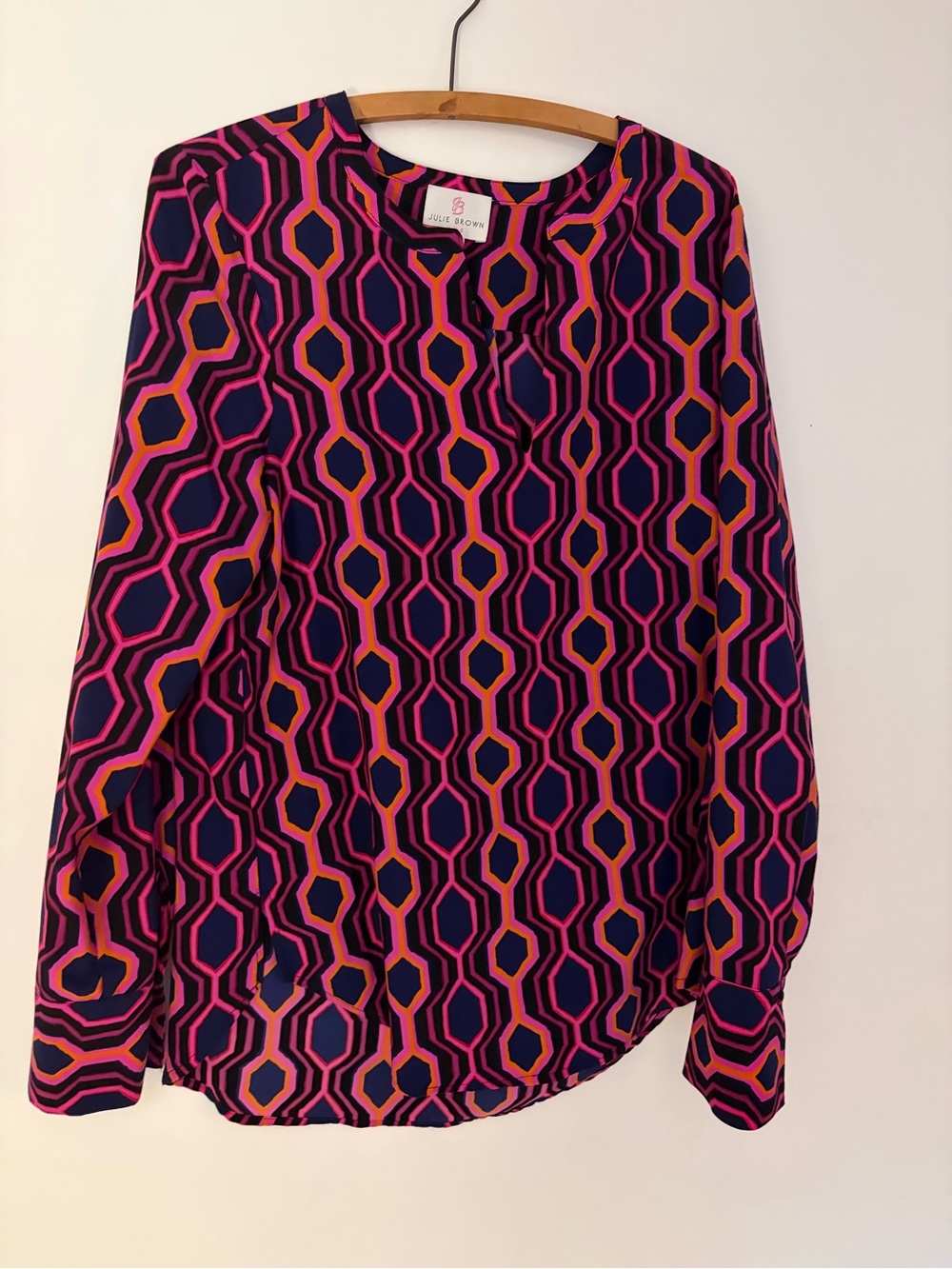 JB by Julie Brown Geometric Print Blouse in Pink & Navy with Orange Accents